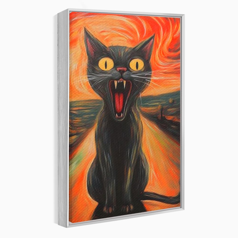 Tablou canvas cu tablou canvas cu pisica neagra care urla, in rama de aluminiu argintiu